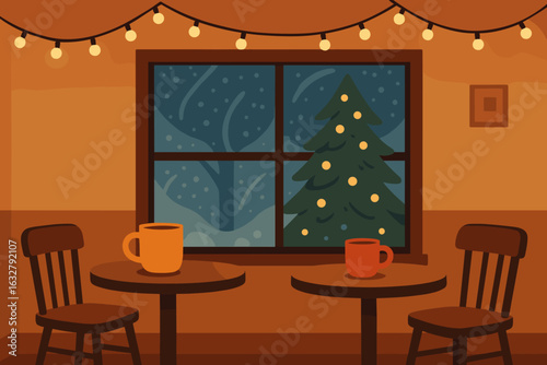 Cozy cafe setting with warm drinks and snow outside during winter evening