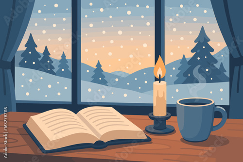 Cozy winter evening with a warm drink, a candle, and a book by the snowy window