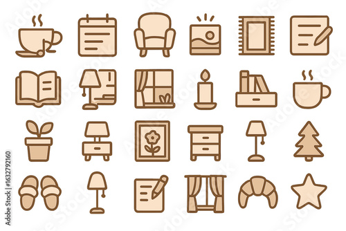 Collection of illustrated home and office icons showcasing daily activities and decor in a cozy environment