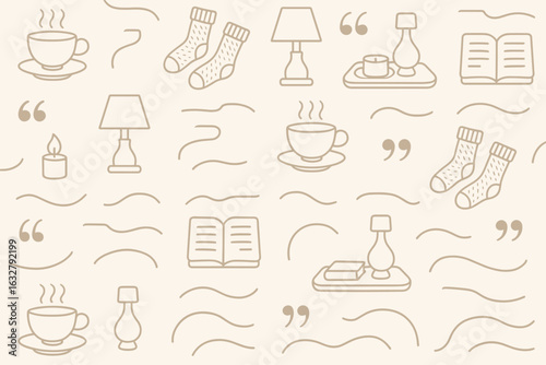 Cozy home illustrations featuring cups, socks, lamps, and books for a relaxing ambiance