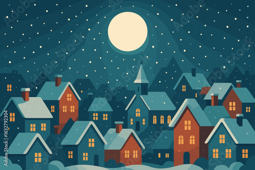 Winter night landscape with snowy houses and a full moon illuminating the quiet village