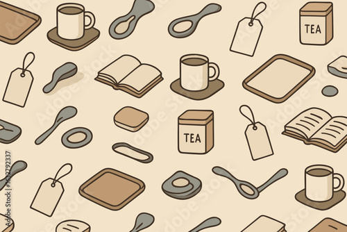 Pattern of tea-related items with cups, spoons, and book on a soft background showcasing a cozy atmosphere for tea lovers