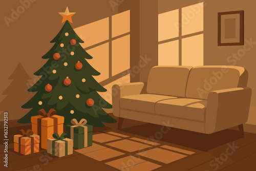 Cozy living room with a decorated Christmas tree and wrapped gifts during sunset
