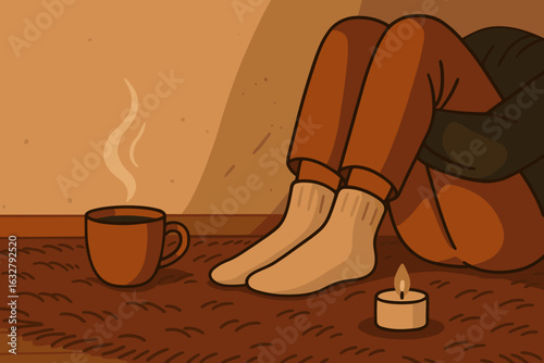 Warm and cozy indoor scene with a person curled up sipping coffee and enjoying a candlelight ambiance in a peaceful setting