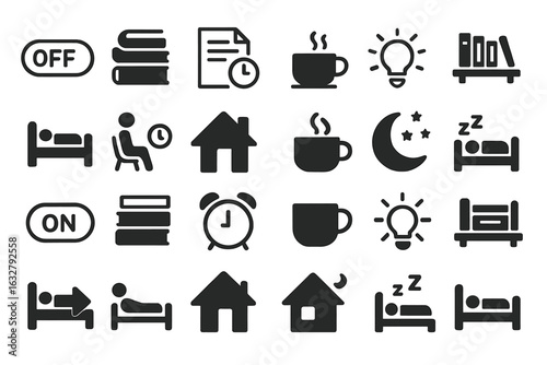 Icons representing various activities related to sleep, work, and relaxation settings in a minimalist design