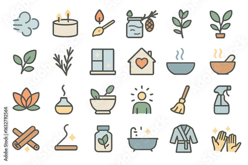Illustrative collection of relaxation and self-care icons representing wellness activities at home
