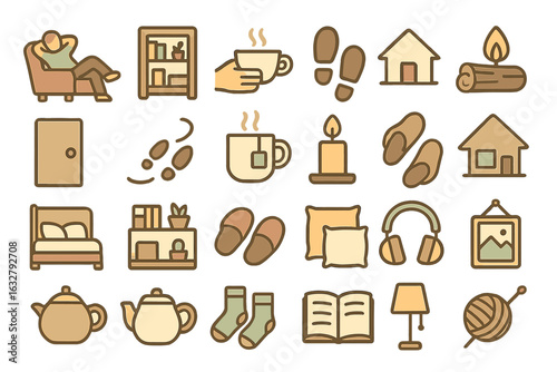 Cozy home symbols representing relaxation, comfort, and daily activities in a warm, inviting environment