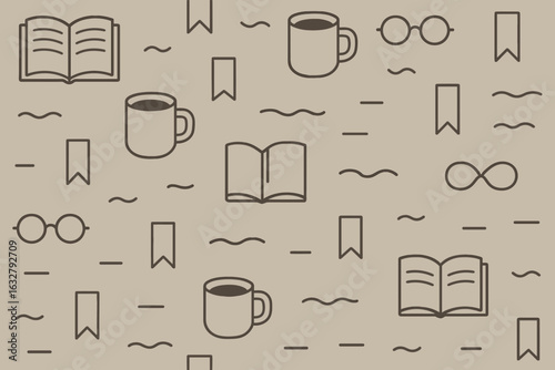 Patterns of reading with books, cups, and bookmarks creating a cozy atmosphere for book lovers
