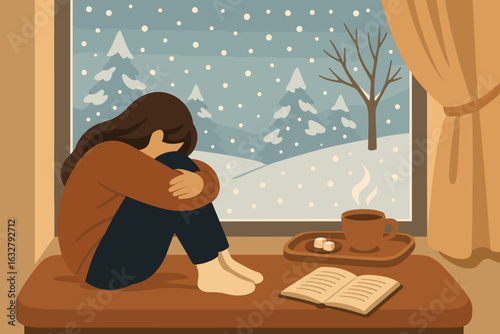 Cozy winter afternoon indoors with a person gazing at snow falling outside the window