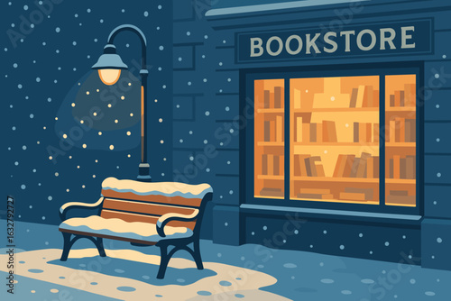 Cozy winter evening outside a bookstore with snow falling and a warm glow from the window