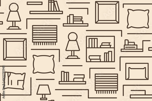 Creative pattern featuring various home decor elements scattered across a beige background to enhance interior design inspiration