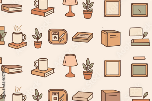 Decorative flat lay pattern featuring books, mugs, plants, and home decor elements on a neutral background for a cozy atmosphere
