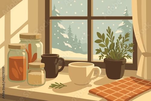 Cozy winter morning with a warm drink and snow-covered window view in a rustic kitchen setting