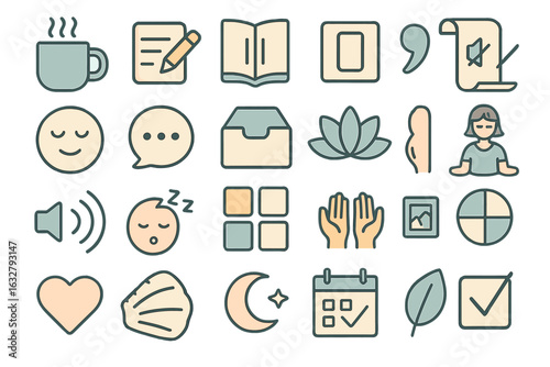 Collection of various minimalist icons representing wellness, creativity, and organization elements in a calming design