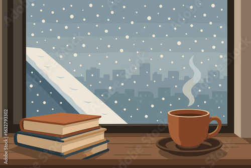 Snowy cityscape view through window with steaming coffee cup and stacked books on wooden sill illustration