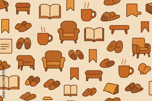 Seamless cozy leisure pattern with armchairs, books, coffee mugs, slippers and bookmarks in warm earthy brown tones on beige background