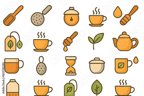 Seamless tea time pattern with cups, teapots, tea bags, honey dippers, leaves, and infusers in warm tones