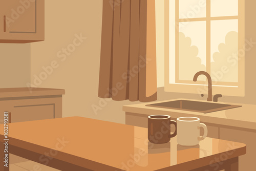 Warm cozy kitchen interior with sunlight, sink, brown and white coffee mugs on wooden table, soft morning atmosphere