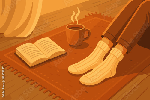 Cozy afternoon with warm socks, a book, and coffee on a comfortable rug by the window