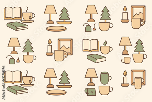 Relaxing cozy decorations featuring books, mugs, candles, and plants create a comforting atmosphere for any room