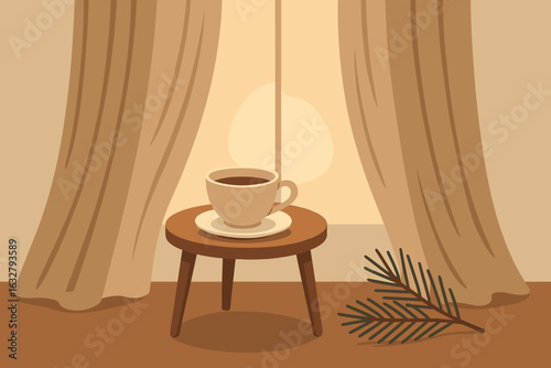 Cozy coffee moment by the window with a simple wooden table and soft curtains in a warm atmosphere