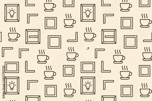 Unique pattern featuring coffee cups and frames in a simple design suitable for home decor or craft projects