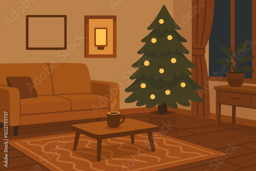 Cozy living room decorated for holidays with a Christmas tree and warm lighting during the evening