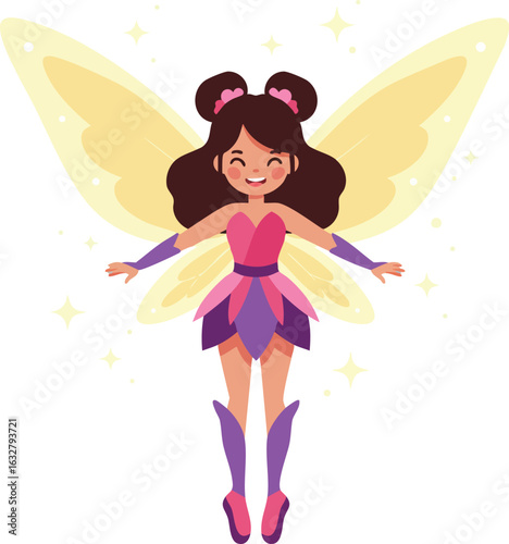 Fairy girl character with yellow wings and pink purple costume flying magical illustration vector 