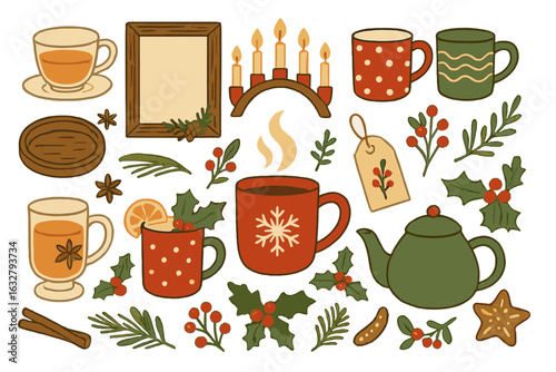 Cozy winter beverage collection with festive decorations and seasonal treats in warm colors
