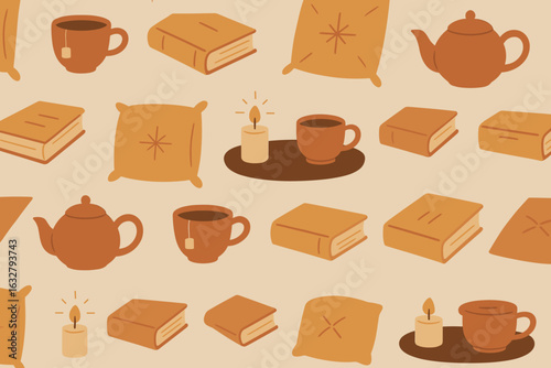 Brown and beige pattern featuring cozy teapots, books, and candles on a warm background