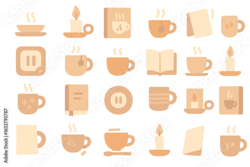 Various cozy beverage and candle icons designed for a warm atmosphere in a minimalist style