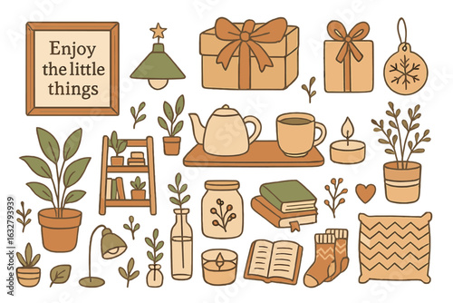 Decorative display featuring cozy home items and plants during a warm afternoon in a stylish living area