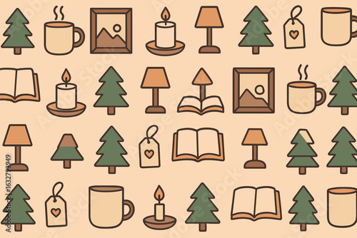 Cozy illustration of home decor elements including plants, candles, and warm beverages on a light background