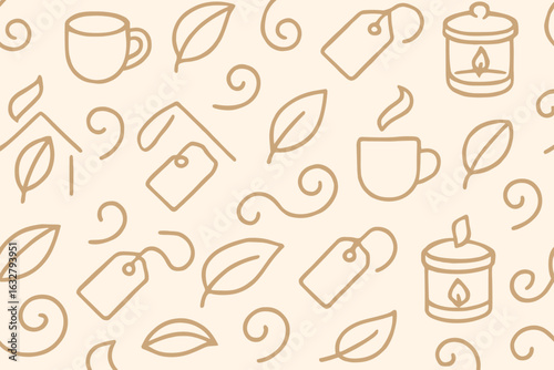 Stylish pattern featuring tea cups, leaves, and candles in soft beige tones for cozy home decor
