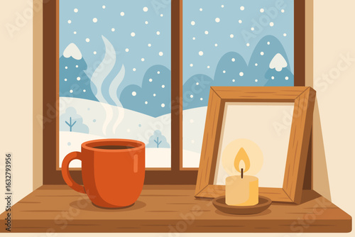Cozy winter scene with hot drink and candle by the window during snowfall in a peaceful setting