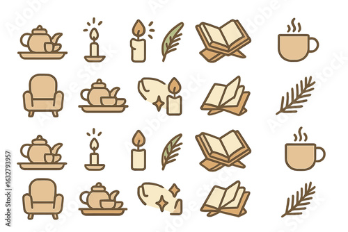 Cozy tea time collection featuring teapots, books, and candles in a calming setting