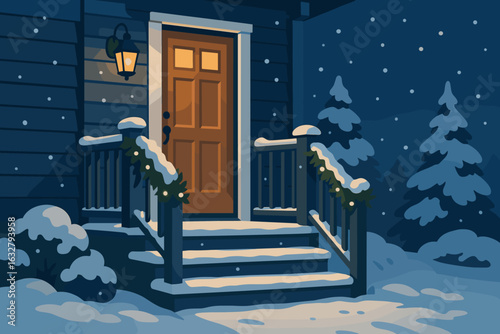 Snow-covered porch with warm light highlighting the front door during a winter evening