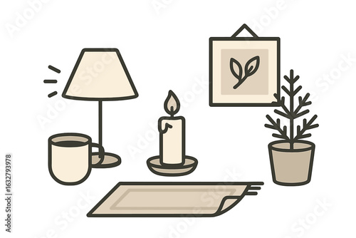 Cozy living room arrangement with lamp, candle, plant, and artwork for a warm atmosphere