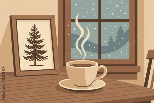 Cozy winter setting with steaming coffee cup by the window showcasing snow-covered landscape