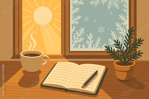 Warm morning coffee and open journal beside a frosty window with sunlight streaming in