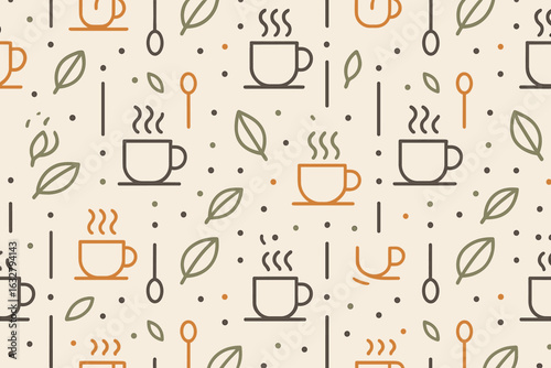Creative coffee cup pattern with leaves and spoons in earthy tones for textile or wallpaper design