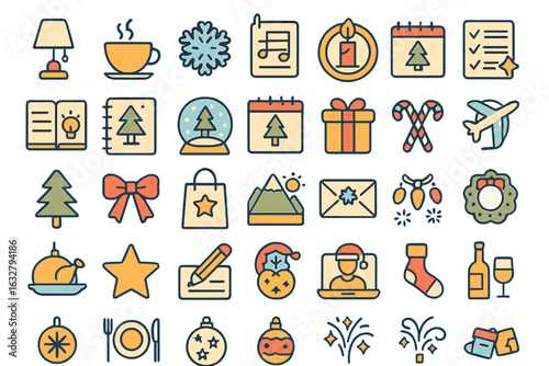 Celebrating winter festivities with icons of holiday preparations, cozy moments, and seasonal traditions in a vibrant design