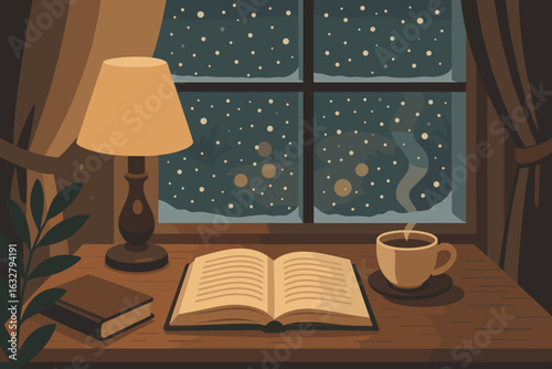 Cozy winter evening with a book, coffee, and snow falling outside the window