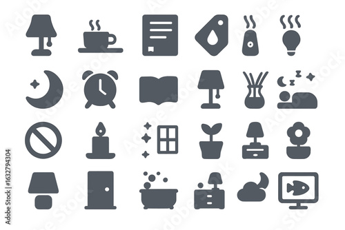 Various home and office icons depicting daily activities and objects for comfort and organization
