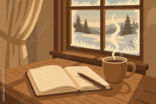 Cozy winter setting with a steaming cup of coffee and an open notebook on a wooden table near a frosted window