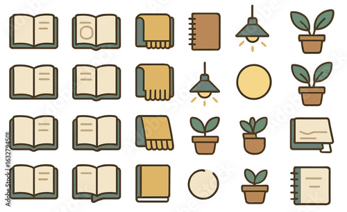 Collection of cozy icons featuring books, plants, stationery, and warm lighting for a serene atmosphere