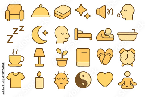Icons representing relaxation, self-care, and wellness activities for a peaceful lifestyle at home