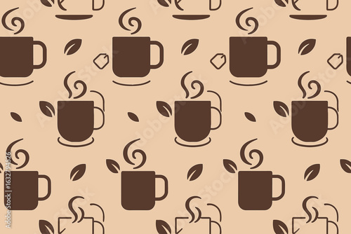 Warm coffee mugs with steam and leaves pattern on a light background in a cozy cafe environment