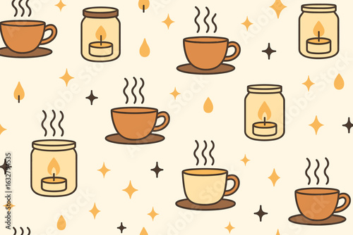 Cozy beverage and candle pattern with warm colors ideal for autumn mood or home decor designs