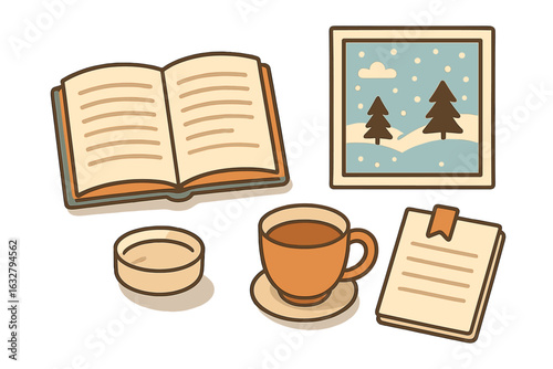 Cozy winter afternoon with a book, hot drink, and a serene winter scene